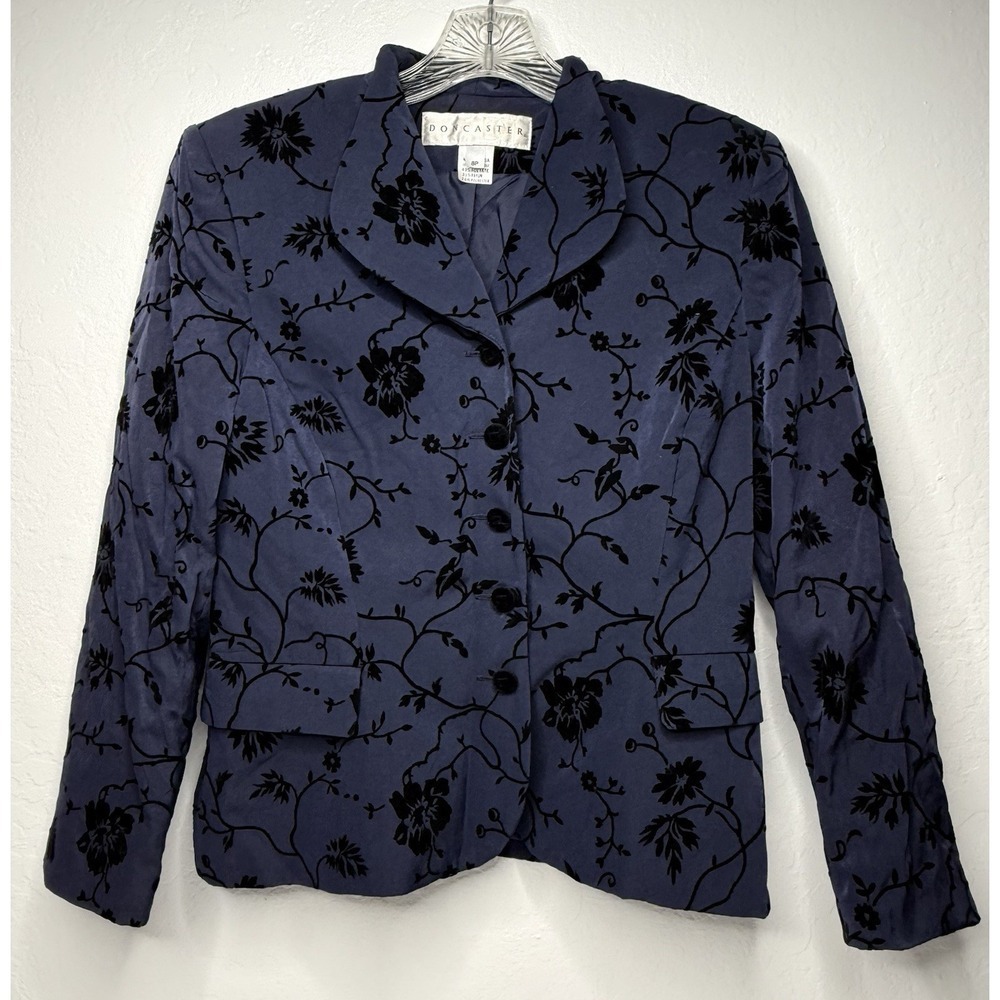 Vintage DONCASTER Blazer Jacket Womens Size 8P Blue Velvet‎ Floral Business USA
